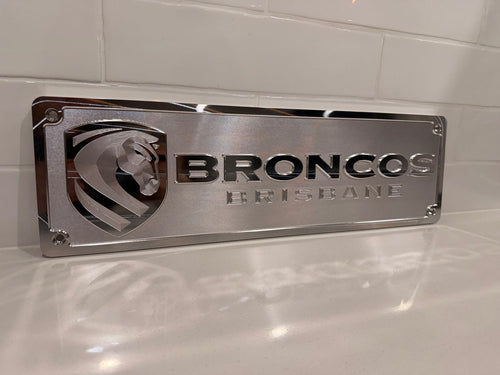 Brisbane Broncos machined supporter plate — raw machined aluminium