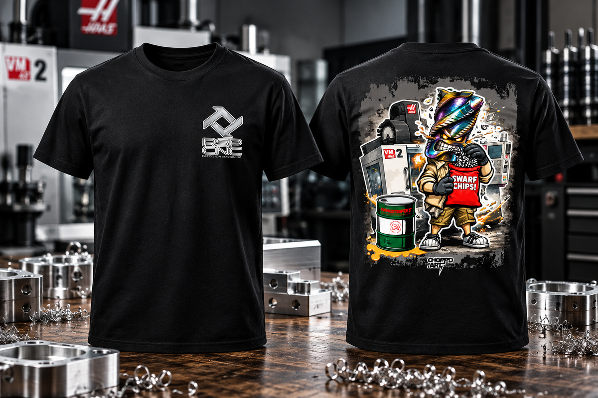RSP CNC Swarf Chips T-shirt front and back