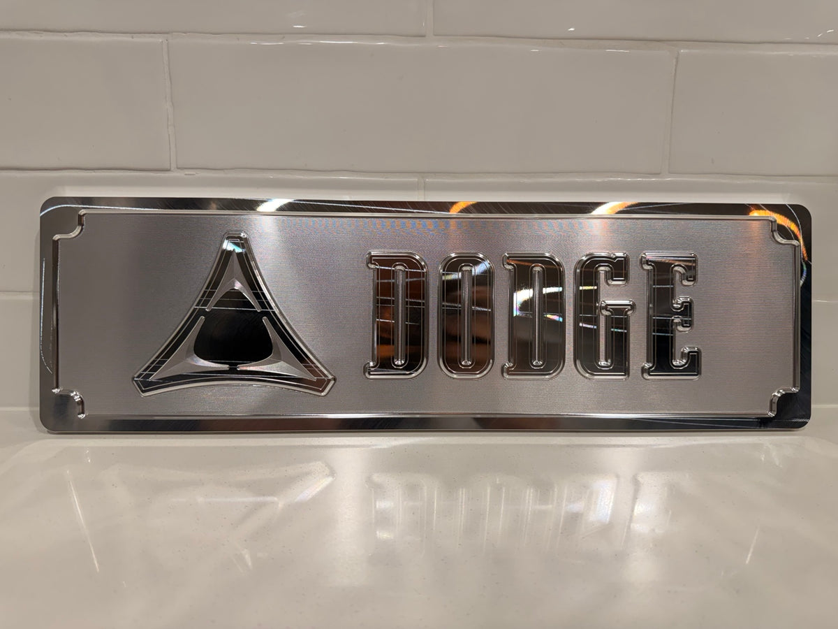 Dodge CNC machined display plate — raw machined aluminium