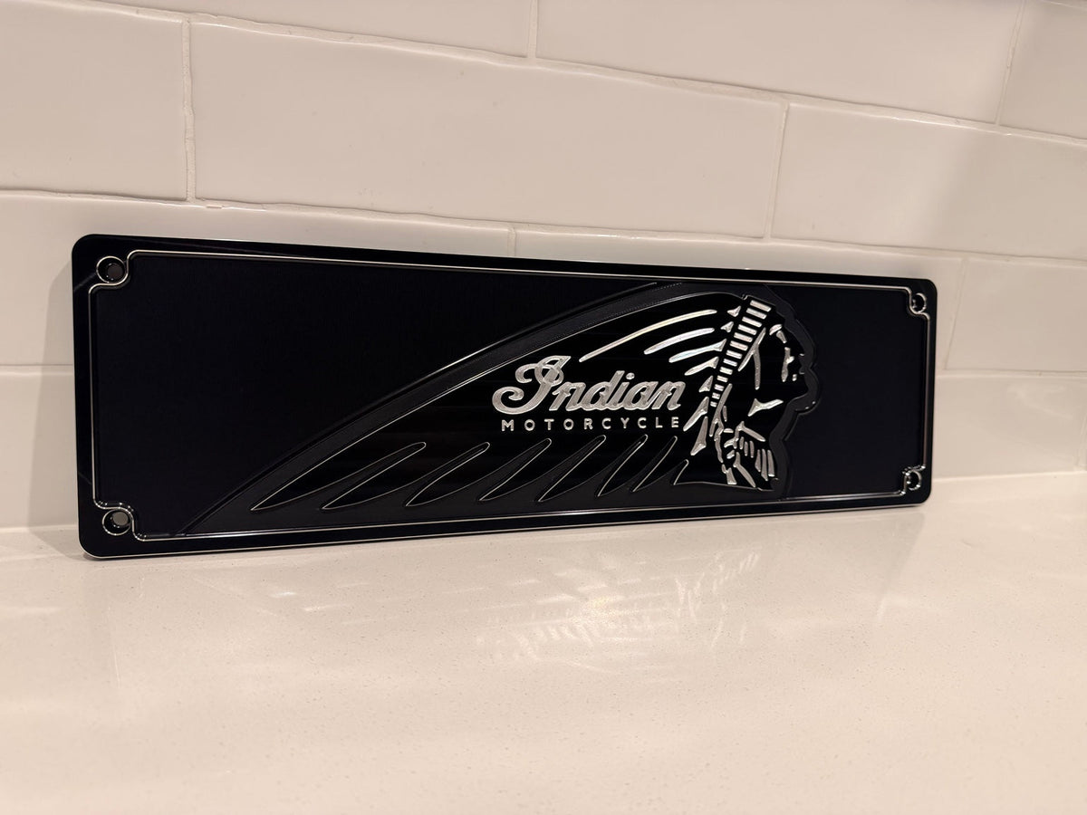 Indian Motorcycle machined display plate — black anodised with post-machined highlights