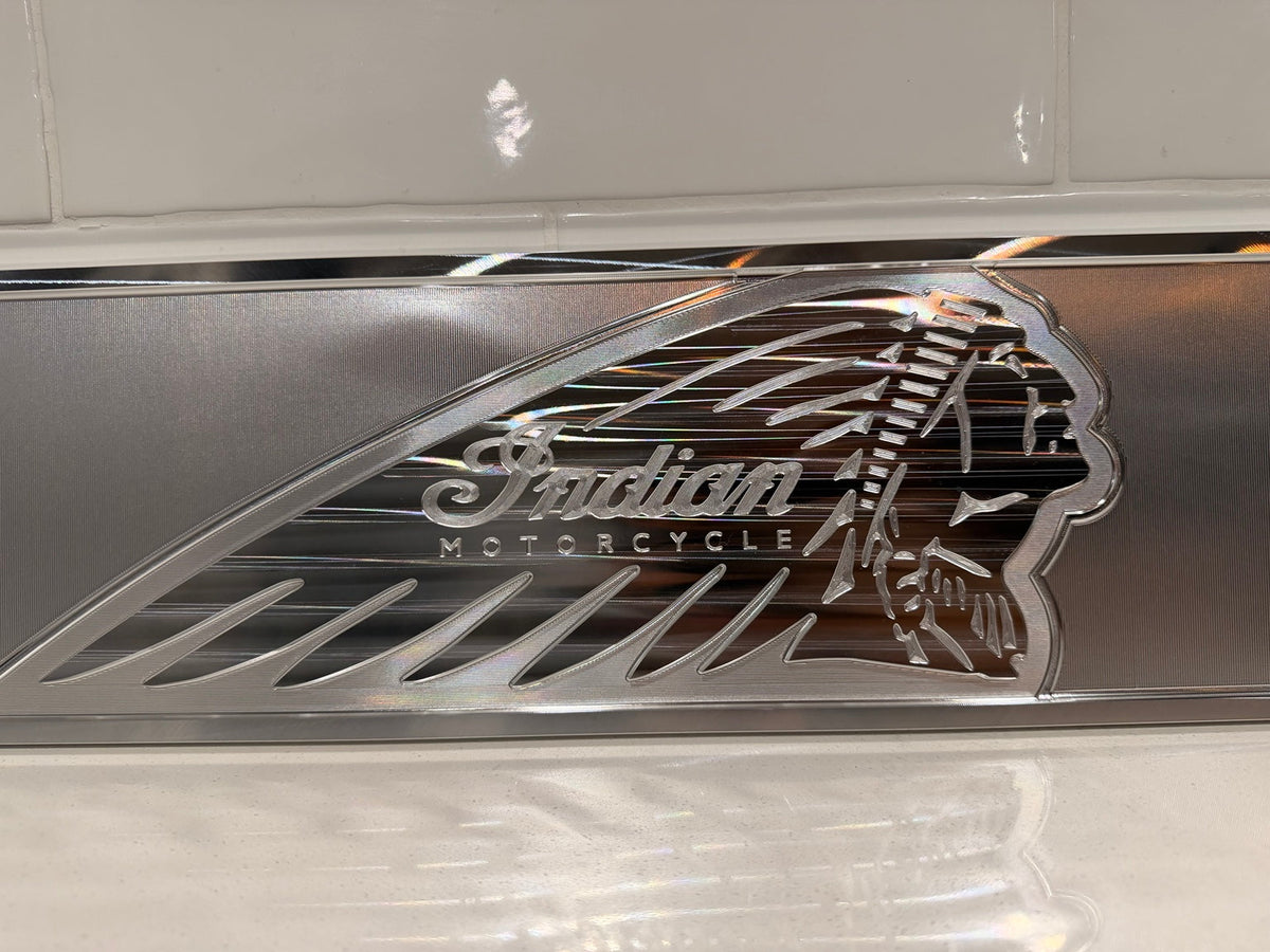 Indian Motorcycle machined display plate — raw machined aluminium