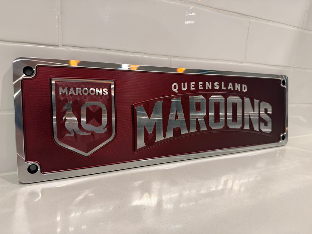 Queensland Maroons machined supporter plate — anodised with post-machined highlights