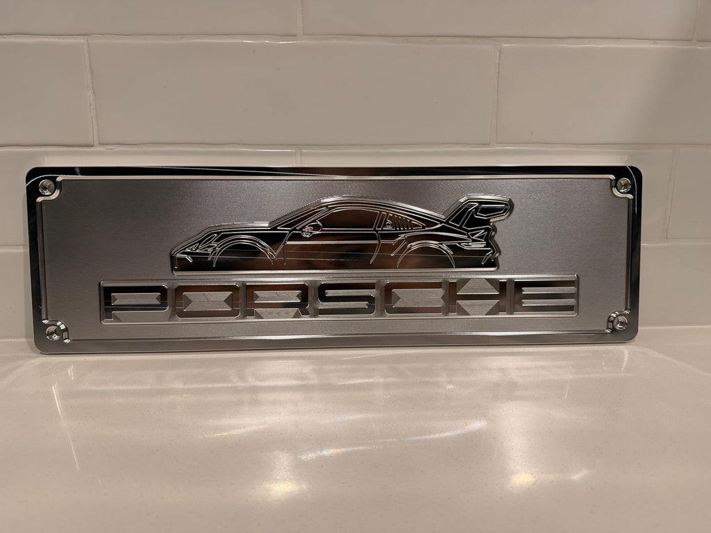Porsche GT3 RS machined display plate — raw machined aluminium