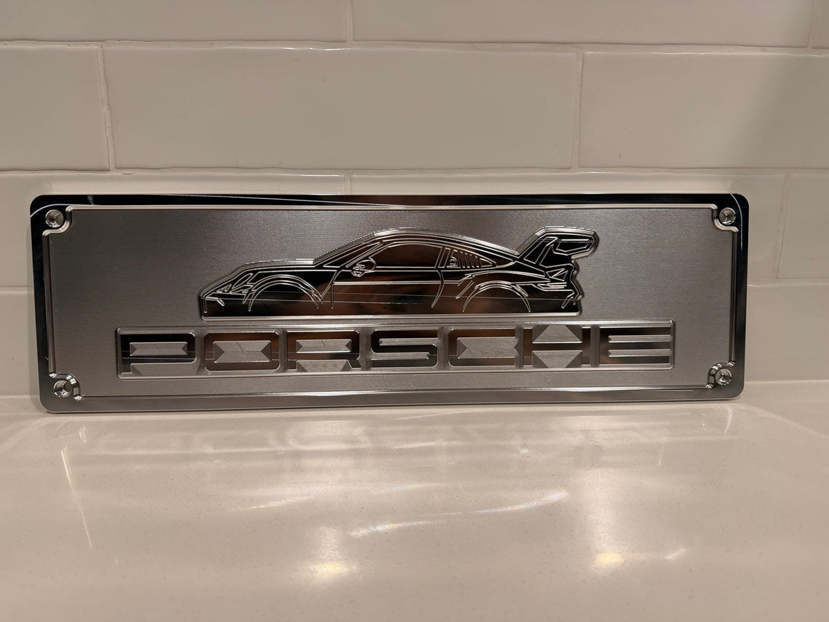 Porsche GT3 RS machined display plate — raw machined aluminium