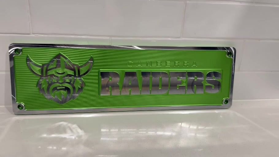 Canberra Raiders machined supporter plate — anodised with post-machined highlights